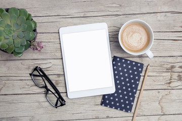 office desk with mock up tablet and handy