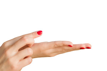 Beautiful hands of young woman on white background. The finger points to the object.