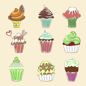 Collection of Hand drawn cupcakes, sketch style. Isolated on white background. Pastel colors. Vector illustration eps 10
