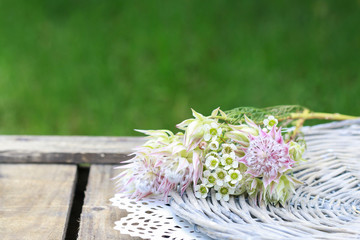 Serruria florida (blushing bride) and chamelaucium (wax flower) bouquet - Powered by Adobe