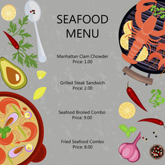 Seafood menu flat design with copy space on gray stone background. Top view vector illustration eps 10