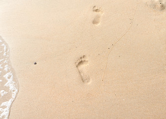 Closeup child's footprints in the sand at a beach