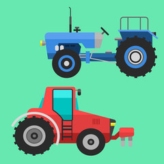 Agricultural vehicles tractor harvester machine combines and excavators icon set with accessories for plowing mowing, planting and harvesting vector illustration.