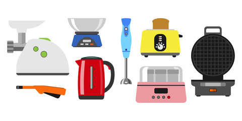 Home appliances cooking kitchen home equipment and flat style household cooking set electronics food template technology icon concept vector.