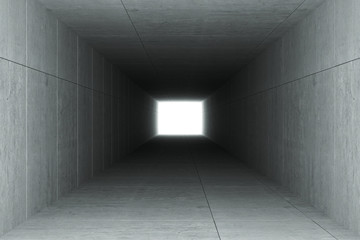 3d rendering : illustration of Abstract square cement concrete tunnel interior,light at the end of tunnel, go to success concept, abstract tunnel background