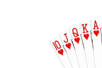 poker hand royal flush in hearts isolated on white background