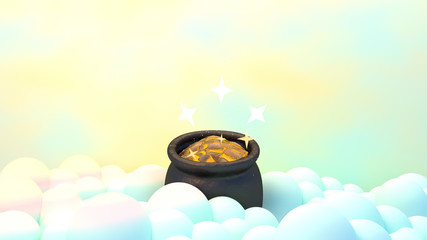 3d rendering picture of cartoon golden treasure on the clouds. Pot of gold with shiny stars effects. Prize for winner.
