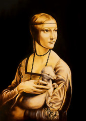 Fototapeta na wymiar Unfinised reproduction in process of painting Lady with an Ermine by Leonardo da Vinci. Graphic effect.