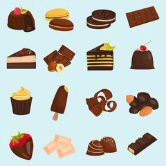 Set of chocolate desserts color flat icons for web and mobile design