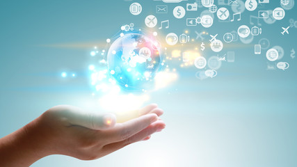 Social icons interface on hand. Social media concept