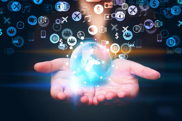 Social icons interface on hand. Social media concept