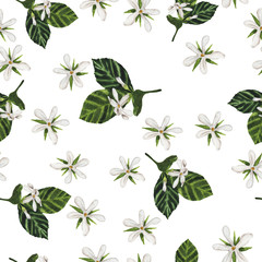Fototapeta na wymiar Seamless pattern with white flowers and beads and green leaves painted by watercolor . Hand drawn illustration.