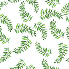 Seamless pattern with fresh palm leaves painted by watercolor . Hand drawn illustration.