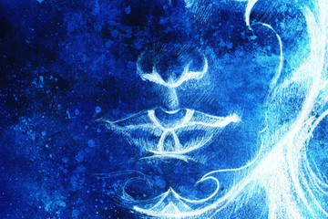 drawing of woman lower lace wit detail of lips and chin with ornaments, on abstract background.