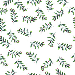 Seamless pattern with branches and pink berries painted by watercolor . Hand drawn illustration.