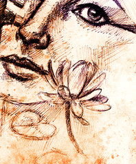 Drawing of woman face detail with flower on graphic background with structure effect.