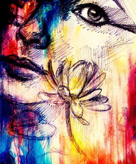 Drawing of woman face detail with flower on graphic background with structure effect.