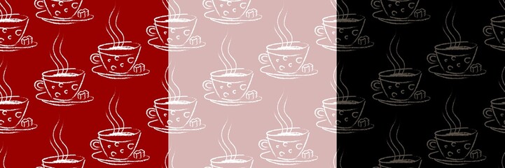 seamless background with a hot drink in a mug in hand drawn style