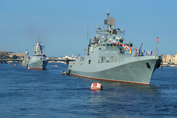 Warships of the Baltic fleet of the Russian Navy in the waters of the Neva. Navy day in St. Petersburg