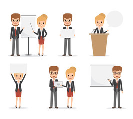 businessman and business woman in job character at office. presentation infographic flat vector design.