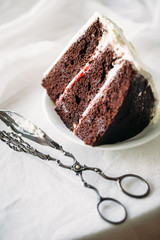 Berry chocolate cake with cream for rustic style wedding. Spring summer concept