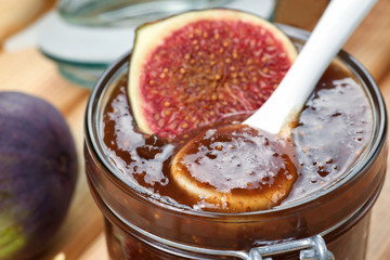 Fig jam in a jar. Homemade fruit jam