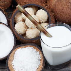 Toffee and coconut sweets and coconut drink