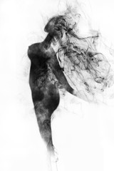 Obraz na płótnie Canvas Black smoke is shaped like a naked woman on white background.