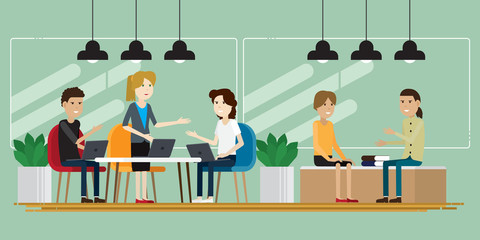 Group creative people working in co working. characters illustration vector