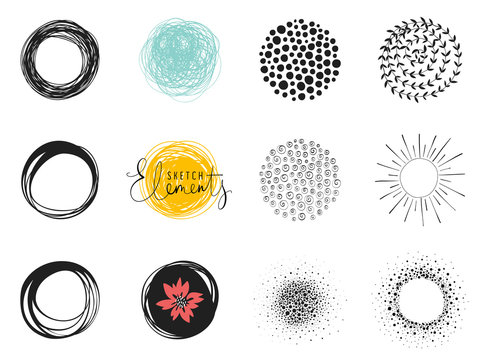 Set of sketch circle elements. Use for posters, art prints, greeting and business cards, banners, icons, labels, badges and other graphic designs.