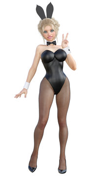 Bunny Girl. Sexy woman long legs in black fishnet tights. Black swimsuit and shoes. Conceptual fashion art. Green  eyes. Seductive candid pose. Photorealistic 3D render illustration. Isolate. Studio.