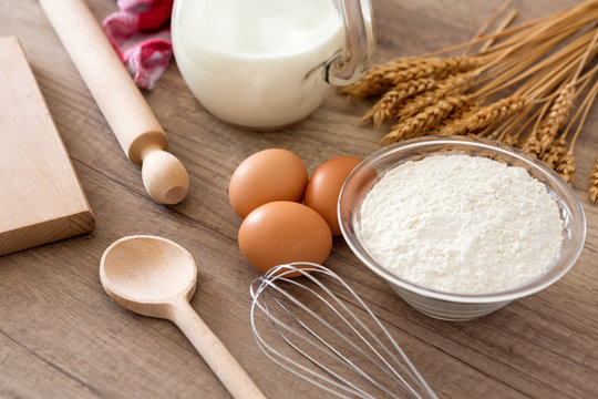 Baking ingredients - egg, flour, milk.