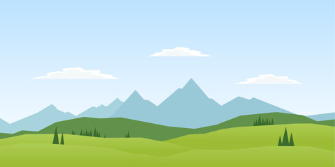 Obraz premium Wektorowa ilustracja: Lato gór krajobraz z sosnami i wzgórzami.