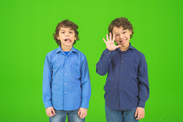 The two funny twin kids stand on the green background