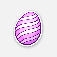 Vector illustration. Pink Easter egg with spiral pattern. Sticker in cartoon style with contour. Decoration for greeting cards, patches, prints for clothes, badges, posters, emblems
