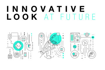 Trendy Innovation systems layouts in polygonal contour line composition, future analysis and technology operations. Made in awesome geometry style with linear pictogram of future for web design.