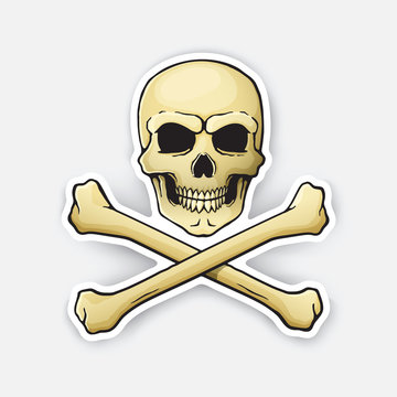 Vector illustration. Skull Jolly Roger with crossbones at the bottom. Sticker in cartoon style with contour. Decoration for greeting cards, patches, prints for clothes, badges, posters, emblems