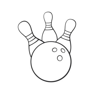 Vector illustration. Hand drawn doodle of bowling ball knocks down pins. Sports equipment. Cartoon sketch. Decoration for greeting cards, posters, emblems, wallpapers