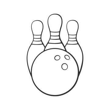 Vector illustration. Hand drawn doodle of bowling ball and pins. Sports equipment. Cartoon sketch. Decoration for greeting cards, posters, emblems, wallpapers