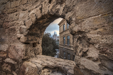 Fortress of the Old Sity Baku, stone frame or defence hole.,Old city wall of Baku Azerbaijan