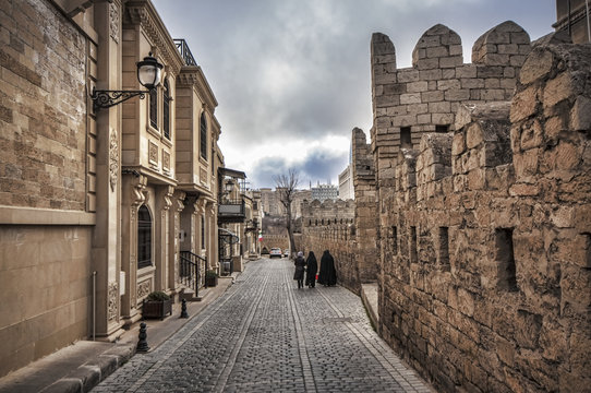 Empty street in old city of Baku, Azerbaijan. Old city Baku. İnner City buildings.