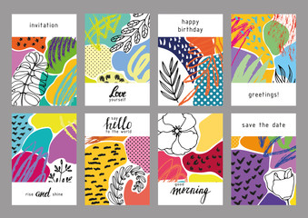 Fototapeta na wymiar Set of creative universal floral cards. Designs for prints, wedding, anniversary, birthday, Valentine's day, party invitations, posters, cards, etc. Vector. Isolated.