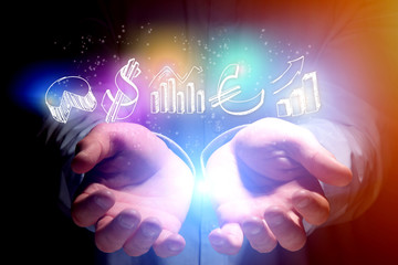 Concept of business hand drawn icon flying out man's hand - Technology concept