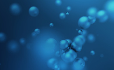 Abstract 3d rendering of chaotic spheres. Flying particles in empty space. Dynamic shape. Futuristic background with bokeh, depth of field effect. Design for poster, banner, placard.