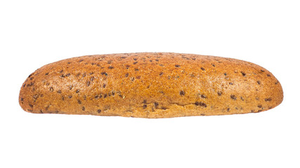 Dark rye bread with seeds on white background
