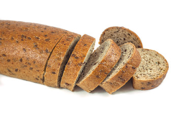 Dark rye bread with seeds on white background