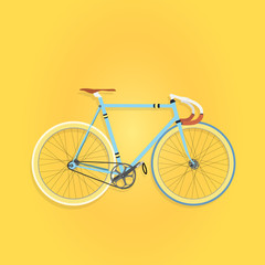 Blue fixed-gear bike, flat style on yellow background, vector illustration