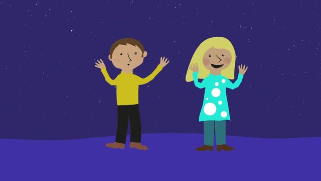 Shy man and happy woman dancing at disco. Animated character with flat design. Concept of romance, dating and love.