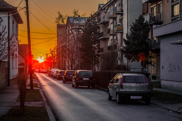 Street in Sombor, Serbia. Sunset is amazing