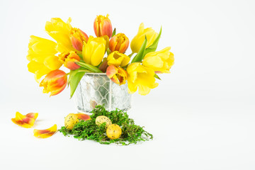 Dekoration für Ostern mit gelb gepunkteten Ostereiern und einem Strauß rot gelbe Tulpen, weißer Hintergrund, Textfreiraum